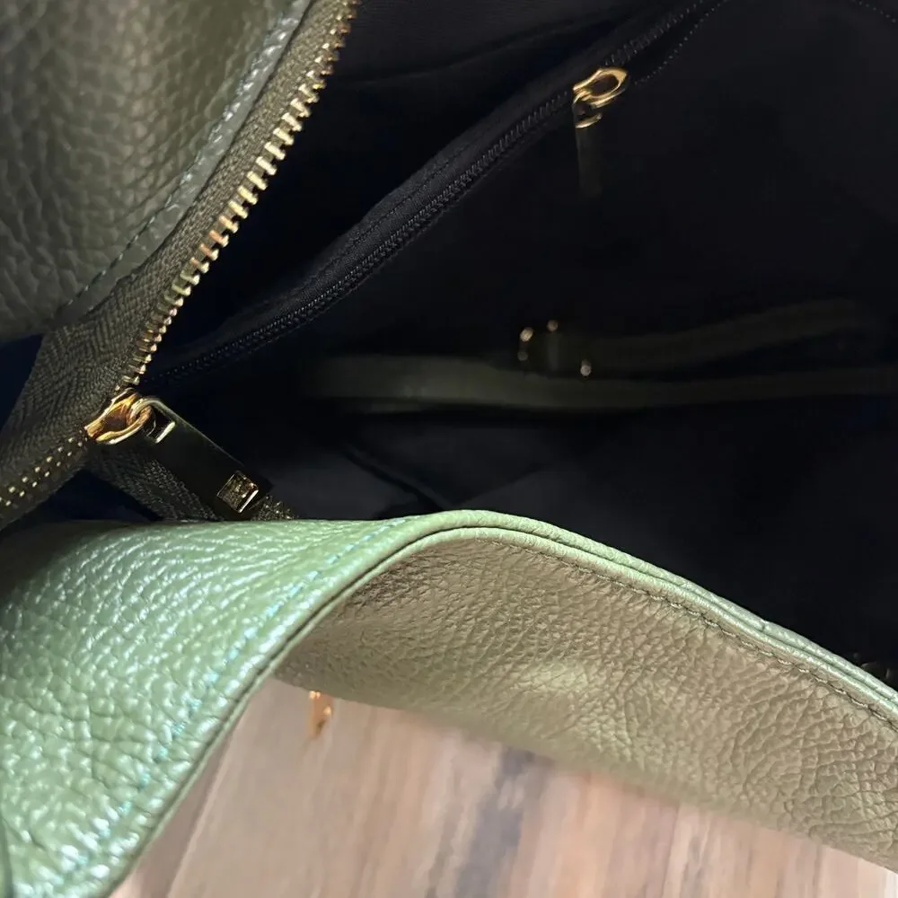 Vera Pelle Gold Top Handle Hobo Bag Army Green Genuine Leather Zip Pocket Italy
